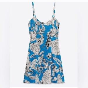 ZARA Floral Linen Mini Blue & White Dress